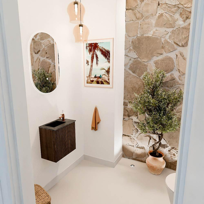 Mondiaz JOYA-DLUX 40cm toiletmeubel - kleur Walnut - Wastafel FAYE positie Links 1 kraangat kleur Lava.