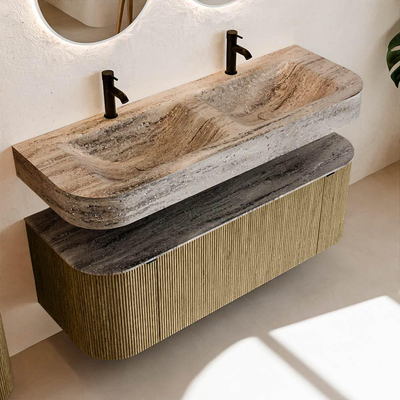 MONDIAZ THOR-DLUX 130cm meuble de salle de bains arrondi gauche + droite couleur Dusk avec 1 tiroir et 2 portes. Vasque suspendue CLOUD Double 2 trous de robinet couleur Oza.