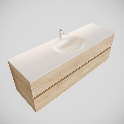 ENSEMBLE DE MEUBLE MONDIAZ VICA - 150 cm - 2 tiroirs - lavabo Moon central - 1 trou de robinet - solid surface chêne blanchi