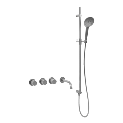 Fortifura Nebbio Badcombinatie-set - thermostaatkraan - glijstang met geïntegreerde wandaansluitbocht - metalen doucheslang - ronde handdouche - uitloop - geborsteld RVS