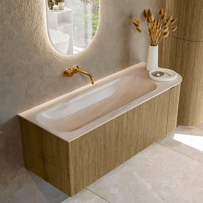 MONDIAZ KURVE-DLUX Meuble de salle de bains 125cm arrondi à droite couleur Dusk avec 1 tiroir et 1 porte. Lavabo BIG MEDIUM à gauche sans trou de robinet Meli.