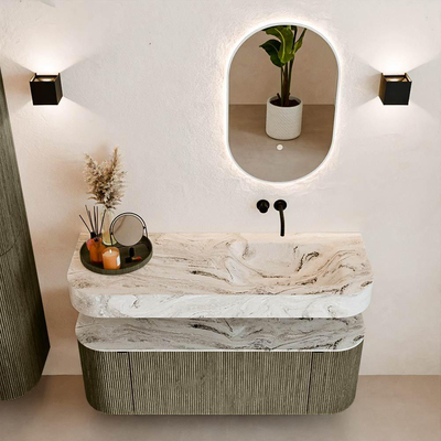 MONDIAZ THOR-DLUX 130cm meuble de salle de bains arrondi gauche + droite couleur Shadow avec 1 tiroir et 2 portes. Vasque suspendue CLOUD droite sans trou de robinet couleur Glace.