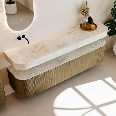 MONDIAZ THOR-DLUX Meuble de salle de bains - 190cm - arrondi gauche + droite - couleur Dusk - 2 tiroirs - 2 portes - Vasque suspendue CLOUD Gauche sans trou de robinet - couleur Ostra