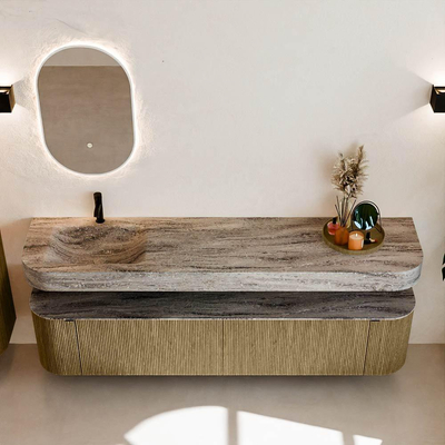 MONDIAZ THOR-DLUX Meuble de salle de bains - 200cm - arrondi gauche + droite - couleur Dusk - 2 tiroirs et 2 portes - Vasque suspendue CLOUD Gauche 1 trou de robinet - couleur Oza