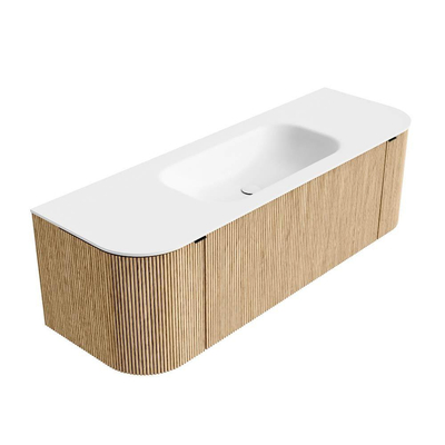 MONDIAZ KURVE Meuble de salle de bains 140cm avec module 25 Len R couleur Chêne avec 1 tiroir et 2 portes. Vasque BIG SMALL central sans trou de robinet Talc.