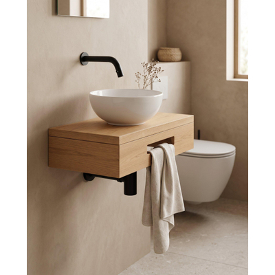 Royal Plaza Terra pack lave-mains – 40 x 25 x 10 cm – bois blanc brillant – robinet noir mat – avec porte-serviette