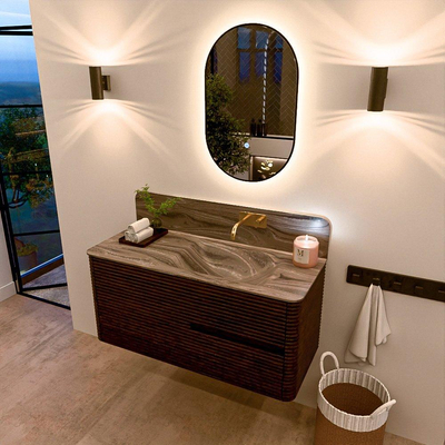 Mondiaz CIRO-DLUX Meuble de salle de bains - 110x45x50cm - Plan vasque solid surface Sombra - 1 lavabo à droite - sans trous de robinetterie - 2 tiroirs - Noyer