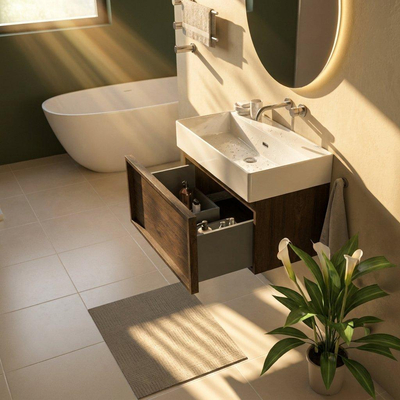 Saniclass Holz Frame Ensemble meuble de salle de bains - 80x45x52cm - lavabo Legend en céramique blanc - 1 vasque - sans trou de robinet - 1 tiroir - chêne charcoal mat (bois)