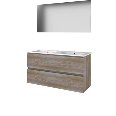 Basic-Line Basic 46 ensemble de meubles de salle de bain 120x46cm sans poignée 2 tiroirs lavabo en porcelaine 2 trous de robinetterie miroir mfc scotch oak