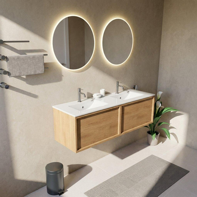 Saniclass Holz Frame Ensemble de meubles de salle de bains - 140x45x42cm - lavabo Vygo en céramique blanc - 2 vasques - 2 trous de robinet - 2 tiroirs - chêne natural brillant (bois)