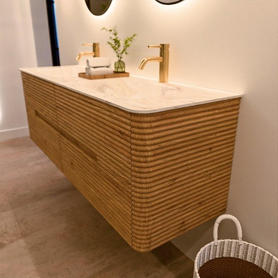 Mondiaz CIRO-DLUX Meuble de salle de bains - 150x45x50cm - Plan vasque solid surface Ostra - 2 bacs Double - 2 trous de robinetterie - 4 tiroirs - Chêne