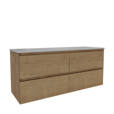Saniclass Holz Atelier Meuble de salle de bain - 140x45x60cm - lavabo en céramique blanc - 2 vasques - sans trous de robinet - 4 tiroirs - Chêne Natural