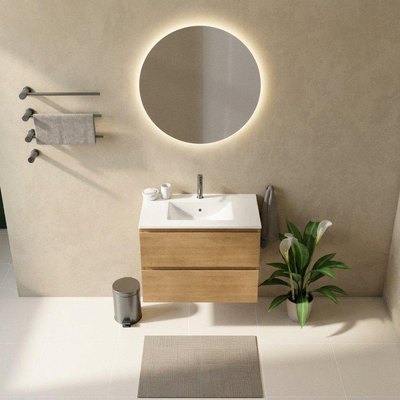 Saniclass Holz Pure Ensemble meuble de salle de bains - 80x45x62cm - Lavabo en céramique Vygo blanc - 1 vasque - 1 trou de robinetterie - 2 tiroirs - chêne natural mat (bois)