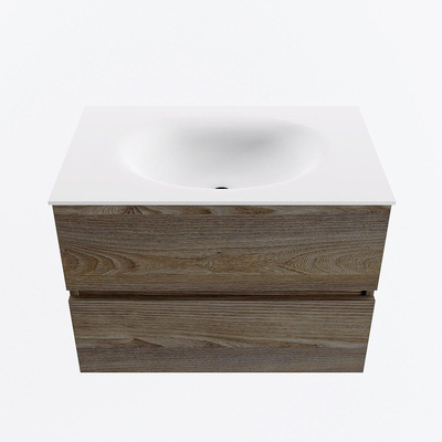 Mondiaz VICA ensemble de meuble de salle de bain - 70cm - meuble sous-vasque marron foncé gris - 2 tiroirs - lavabo lune milieu - sans trous de robinet - version haute de 60cm - talc