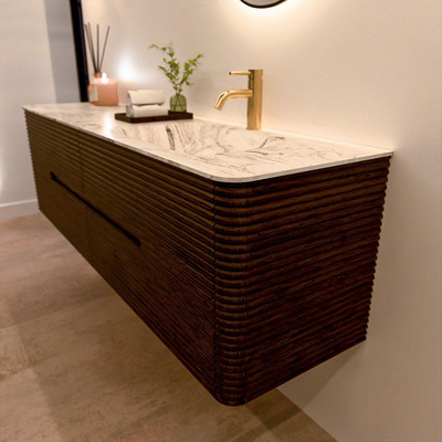 Mondiaz CIRO-DLUX Badkamermeubelset - 170x45x50cm - Solid surface wastafel Glace - 1 wasbak Rechts - 1 kraangat - 4 lades - Walnut