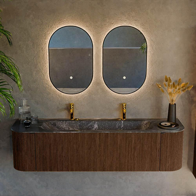 MONDIAZ KURVE-DLUX 170cm Meuble salle de bain avec module 25 G et D - couleur Walnut - 1 tiroir - 2 portes - vasque BIG LARGE centre - 2 trous de robinet - couleur Lava