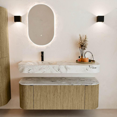 MONDIAZ THOR-DLUX 130cm meuble de salle de bains arrondi gauche + droite couleur Dusk avec 1 tiroir et 2 portes. Vasque suspendue CLOUD Gauche 1 trou de robinet couleur Glace.