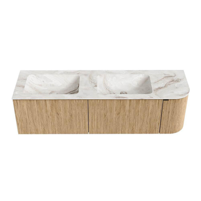 MONDIAZ KURVE-DLUX Meuble de salle de bains 155 cm avec module 25 R couleur Chêne avec 2 tiroirs et 1 porte. Lavabo LEAF double / gauche sans trou de robinet couleur Frappe.
