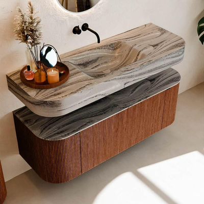 MONDIAZ THOR-DLUX Meuble de salle de bains 130cm arrondi gauche + droite couleur Ruby avec 1 tiroir et 2 portes. Vasque suspendue CLOUD Centre sans trou de robinet couleur Sombra.