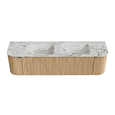 MONDIAZ KURVE-DLUX 170cm badmeubel met module 25 Len R kleur Oak met 1 lade en 2 deuren. Wastafel LEAF dubbel 2 kraangaten kleur Glace.