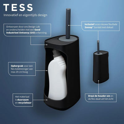 Tiger Tess Toiletborstelhouder met opbergfunctie vrijstaand en Swoop® borstel flexibel Zwart Antraciet