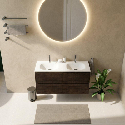 Saniclass Holz Atelier Ensemble de meubles de salle de bains - 120x45x61.5cm - Flow lavabo en solid surface blanc - 2 vasques - 2 trous de robinet - 2 tiroirs - chêne charcoal mat (bois)