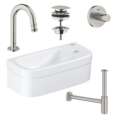 Grohe Euro Fonteinset - 37x18cm - rechthoek - 1 kraangat - zonder overloop - gebogen kraan - sifon - afvoerplug - handdoekhaak - wit/Supersteel (RVS)