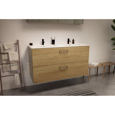 Nemo Go Ensemble de meuble - 120x65x45.5cm - 2 tiroirs - avec poignée - 2 vasque Blanc brillant - 2 trous de robinet - avec armoire toilette - MDF Riverside Oak