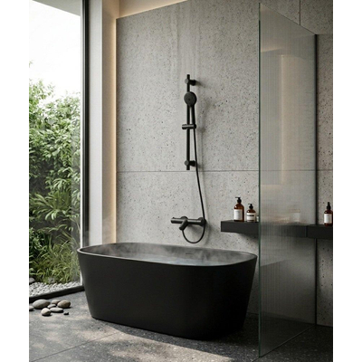 Adema Sparkle 2.0 Ensemble pour baignoire - robinet de baignoire thermostatique - barre de douche 70 cm - douchette à main ronde - flexible de douche métallique - noir mat