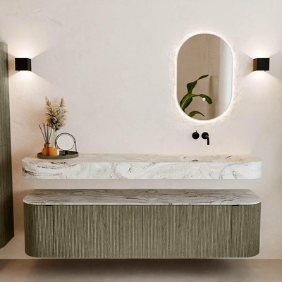 MONDIAZ THOR-DLUX 180cm meuble de salle de bains arrondi gauche + droite couleur Shadow avec 2 tiroirs et 2 portes. Vasque suspendue CLOUD Droite sans trou de robinet couleur Glace.