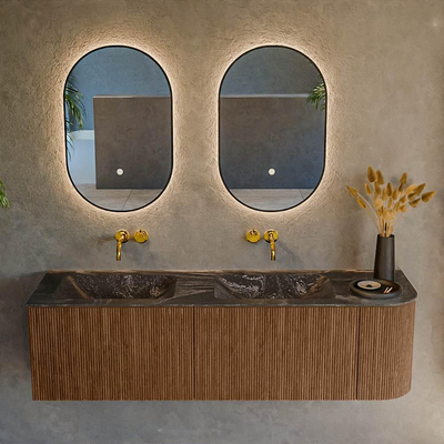 MONDIAZ KURVE-DLUX 155cm Meuble salle de bain avec module 25 D - couleur Walnut - 2 tiroirs - 1 porte - vasque LEAF double / gauche - sans trou de robinet - couleur Lava