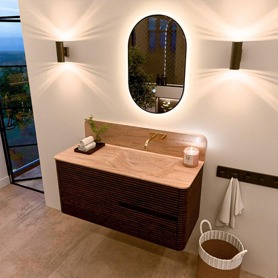 Mondiaz CIRO-DLUX Ensemble de meubles de salle de bains - 110x45x50cm - Plan vasque Solid surface Saba - 1 lavabo à droite - sans trous de robinet - 2 tiroirs - Noyer