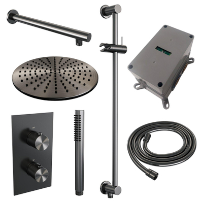 Brauer Gunmetal Carving Regendoucheset inbouw - hoofddouche 30cm - carving knop - handdouche Staaf 1 stand - glijstang - PVD - geborsteld gunmetal