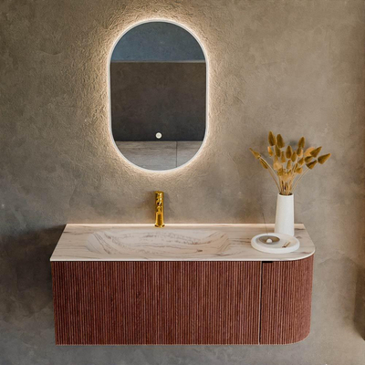 MONDIAZ KURVE-DLUX Meuble de salle de bains 115cm arrondi à droite couleur Ruby avec 1 tiroir et 1 porte. Lavabo BIG SMALL gauche 1 trou de robinet Nata.