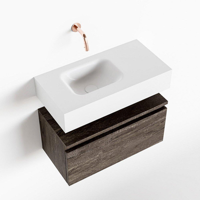 MONDIAZ ANDOR Meuble WC - 60x30x30cm - 0 trous de robinet - 1 tiroir - brun foncé mat - vasque à gauche - Solid surface - Blanc