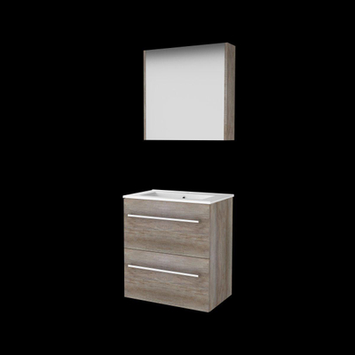 Basic-Line Comfort 39 ensemble de meubles de salle de bain 60x39cm avec poignées 2 tiroirs lavabo en porcelaine 1 trou de robinetterie armoire de toilette mfc scotch oak
