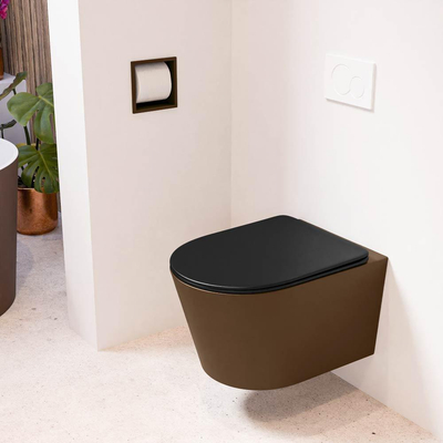 Mondiaz LAVIE hangtoilet – spoelrandloos – 36 x 53 cm – met softclose zitting – Rust (bruin), zitting Urban (zwart)
