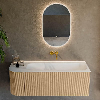 MONDIAZ KURVE 125cm Meuble salle de bain avec module 25 G - couleur Oak - 1 tiroir - 1 porte - vasque BIG MEDIUM droite - sans trous de robinet - Talc