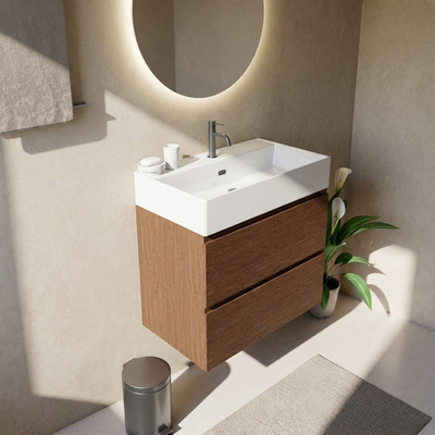 Saniclass Holz Pure Ensemble meuble de salle de bains - 80x45x72cm - Legend lavabo en céramique blanc - 1 vasque - 1 trou de robinet - 2 tiroirs - noyer pure mat (bois)
