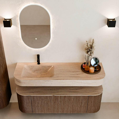 MONDIAZ THOR-DLUX 140cm badmeubel ronding links + rechts kleur Walnut met 1 lade en 2 deuren. Vrijhangende wastafel CLOUD Links 1 kraangat kleur Saba.
