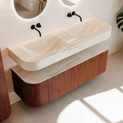 MONDIAZ THOR-DLUX 140cm meuble de salle de bains arrondi gauche + droite couleur Ruby avec 1 tiroir et 2 portes. Vasque suspendue CLOUD Double sans trou de robinet couleur Meli.