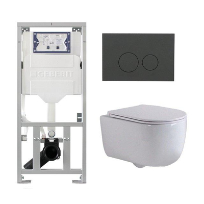 QeramiQ Dely Swirl Ensemble WC - 36.3x51.7cm - réservoir encastré Geberit UP320 - avec cadre Burda - abattant slim - plaque de commande anthracite mat - boutons ronds - blanc mat