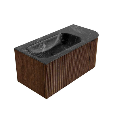 MONDIAZ KURVE-DLUX 95cm badmeubel met module 25 R kleur Walnut met 1 lade en 1 deur. Wastafel BIG SMALL links 1 kraangat kleur Lava.