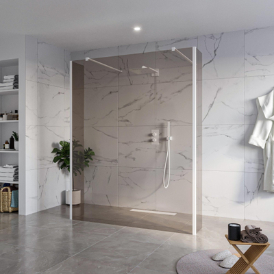 FugaFlow Eccelente Vetro Douche à l'italienne libre - 160x200cm - Verre fumé - anti-calcaire - verre de sécurité 8mm - 2 parois latérales 40cm - avec bras muraux et profils d'angle - Blanc mat -