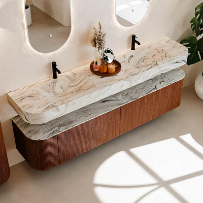 MONDIAZ THOR-DLUX 200cm meuble de salle de bains arrondi gauche + droite couleur Ruby avec 2 tiroirs et 2 portes. Vasque suspendue CLOUD Double 2 trous de robinet couleur Glace.