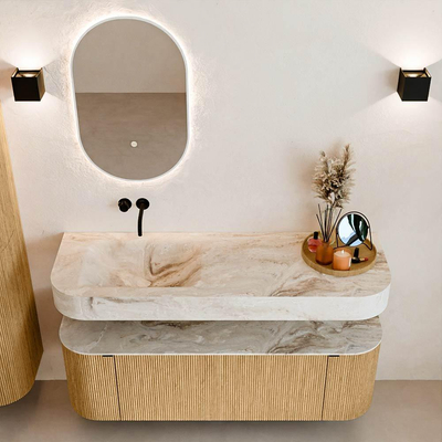 MONDIAZ THOR-DLUX 140cm badmeubel ronding links + rechts kleur Oak met 1 lade en 2 deuren. Vrijhangende wastafel CLOUD Links zonder kraangat kleur Frappe.