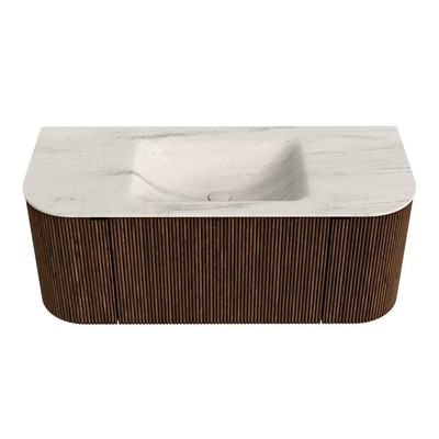 MONDIAZ KURVE-DLUX 110cm badmeubel ronding Links + Rechts kleur Walnut met 1 lade en 2 deuren. Wastafel CLOUD Midden 1 kraangat Meli.