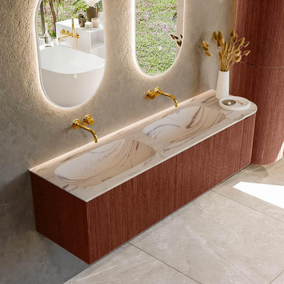 MONDIAZ KURVE-DLUX 165cm meuble de salle de bains avec arrondi à droite couleur Ruby avec 2 tiroirs et 1 porte. Lavabo STOR SMALL Double / Gauche sans trou de robinet Nata.