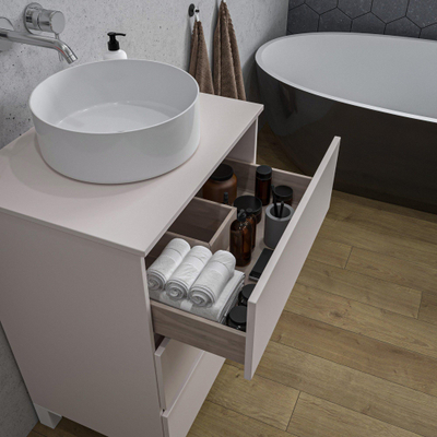 Saniclass Chaci PLUS Meuble de salle de bain - 60x86x46cm - vasque - plan de toilette - 3 tiroirs - miroir rectangulaire - mat cotton (beige)