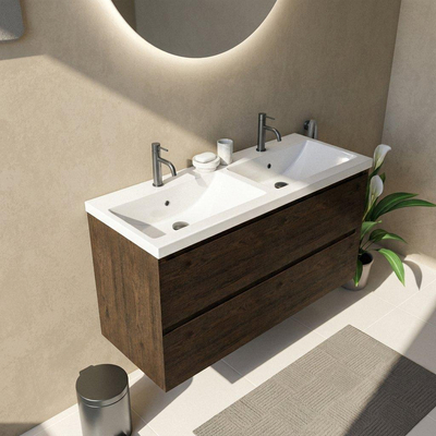 Saniclass Holz Pure Ensemble de meubles de salle de bains - 120x45x63.5cm - Lavabo Bari en céramique blanc - 2 vasques - 2 trous de robinet - 4 tiroirs - chêne charcoal mat (bois)